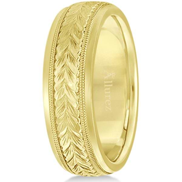 Hand Engraved Wedding Band Carved Ring in 14k Yellow Gold (4.5mm)
