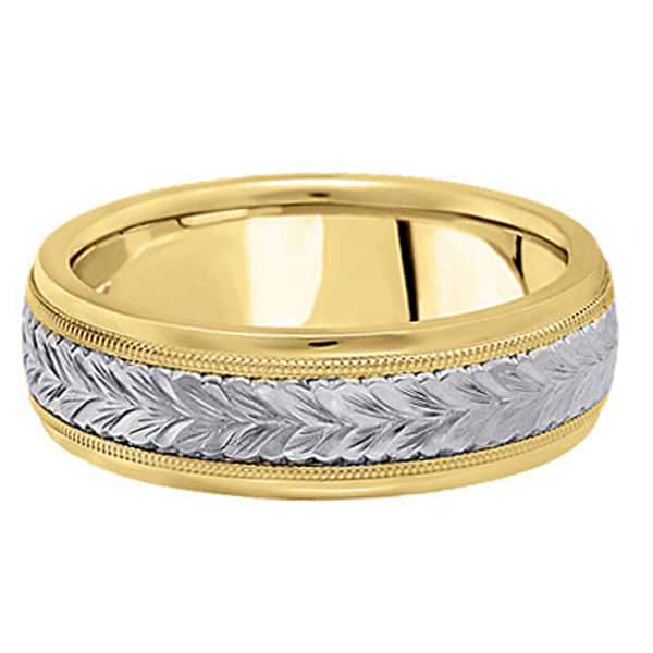 Hand Engraved Two Tone Wedding Band Carved Ring in 18k Gold (4.5mm)