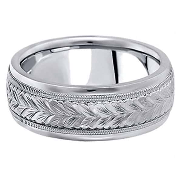 Hand Engraved Wedding Band Carved Ring in 14k White Gold (6.5mm)
