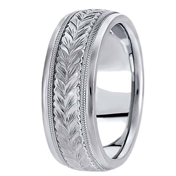 Hand Engraved Wedding Band Carved Ring in 14k White Gold (6.5mm)