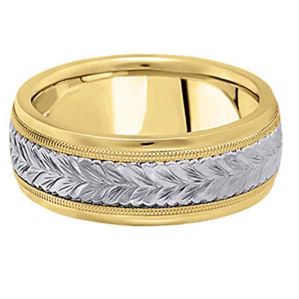 Hand Engraved Two Tone Wedding Band Carved Ring in 14k Gold (6.5mm)