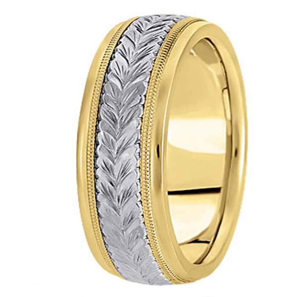 Hand Engraved Two Tone Wedding Band Carved Ring in 14k Gold (6.5mm)