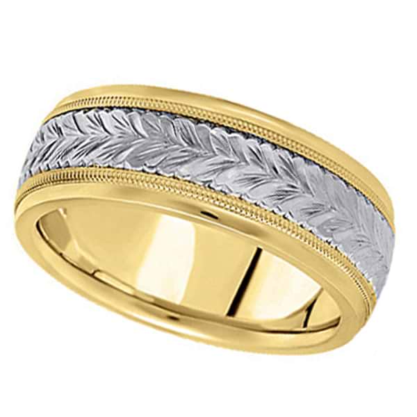 Hand Engraved Two Tone Wedding Band Carved Ring in 18k Gold (6.5mm)
