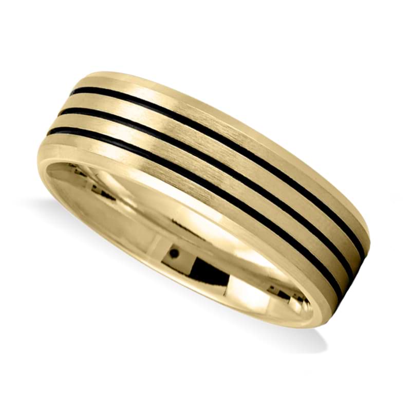 Triple Line Satin Men's Wedding Band Ring 14K Yellow Gold