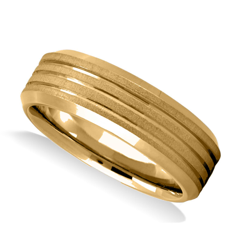 Triple Line Satin & Polished Men's Wedding Band Ring 14K Yellow Gold