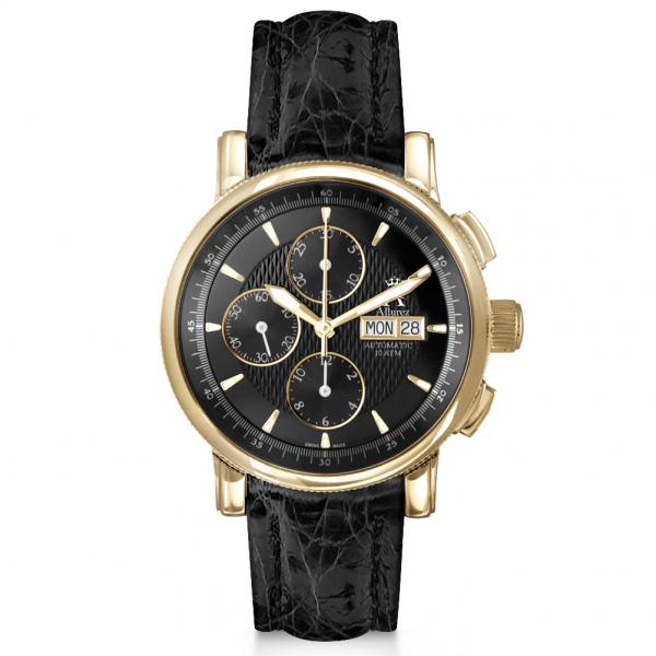 Allurez Men's Chronograph Black Crocodile Strap 18k Yellow Gold Watch