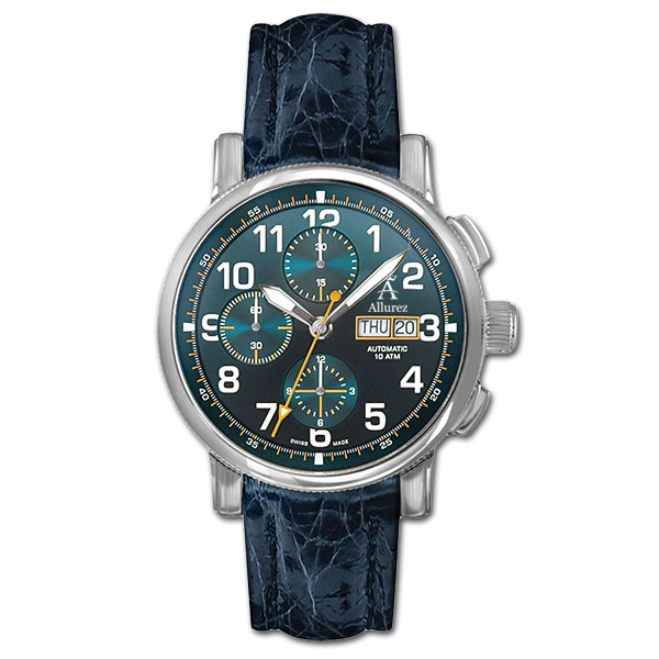 Allurez Swiss-Made Blue Crocodile Skin Auto-Mechanical Chrono-Timepiece