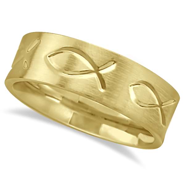 Engraved Christian Fish Wedding Ring 18k Yellow Gold (7mm)