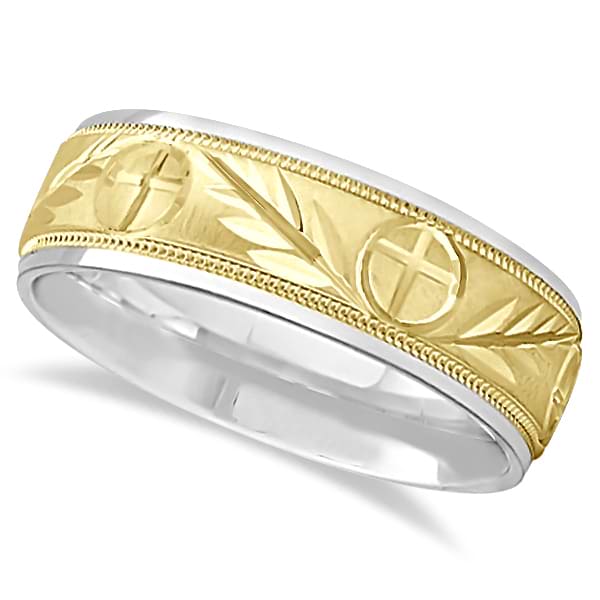 Men's Christian Leaf and Cross Wedding Band 14k Two Tone Gold (7mm)