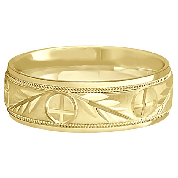 Men's Christian Leaf and Cross Wedding Band 14k Yellow Gold (7mm)