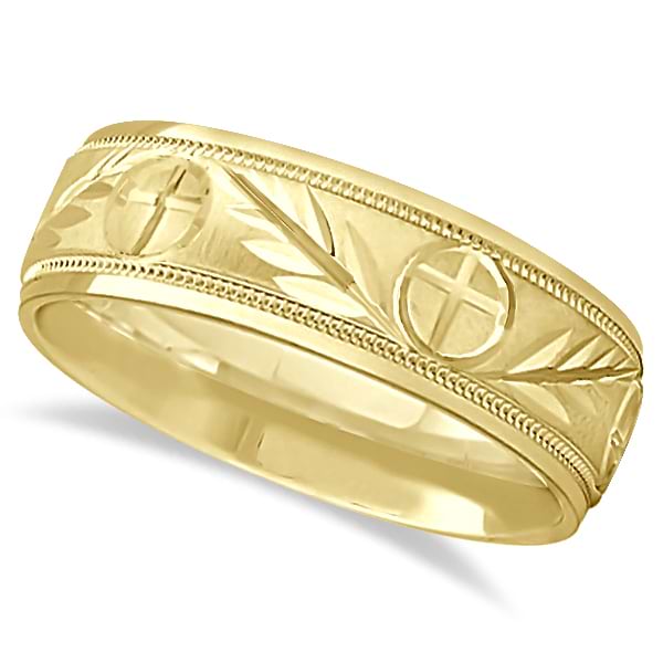 Men's Christian Leaf and Cross Wedding Band 18k Yellow Gold (7mm)