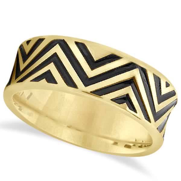 Unisex Zigzag Carved Pattern Wedding Ring Band 14k Yellow Gold 8mm