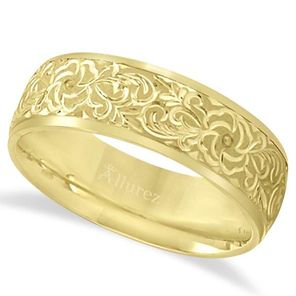 Hand-Engraved Flower Wedding Ring Wide Band 14k Yellow Gold 7mm - UB1188