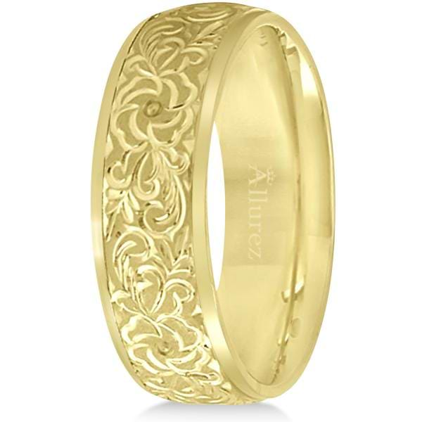 Hand-Engraved Flower Wedding Ring Wide Band 14k Yellow Gold 7mm - UB1188