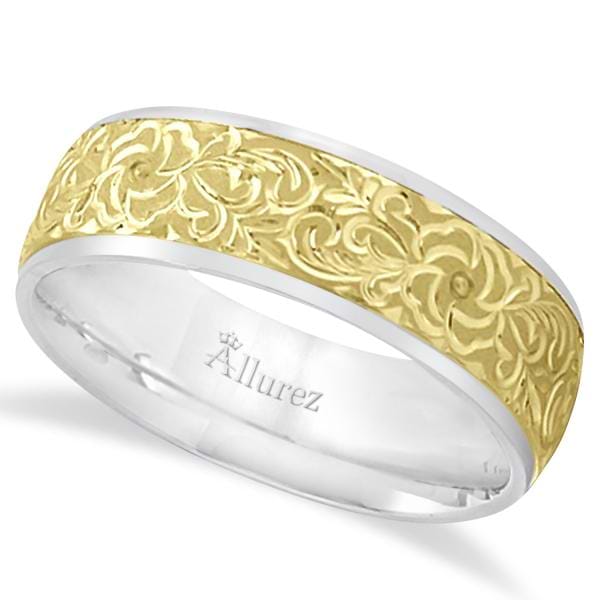 Hand-Engraved Flower Wedding Ring Wide Band 18k Two Tone Gold (7mm)