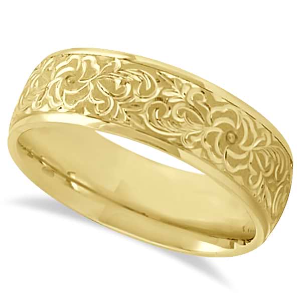Hand-Engraved Flower Wedding Ring Wide Band 18k Yellow Gold (7mm)
