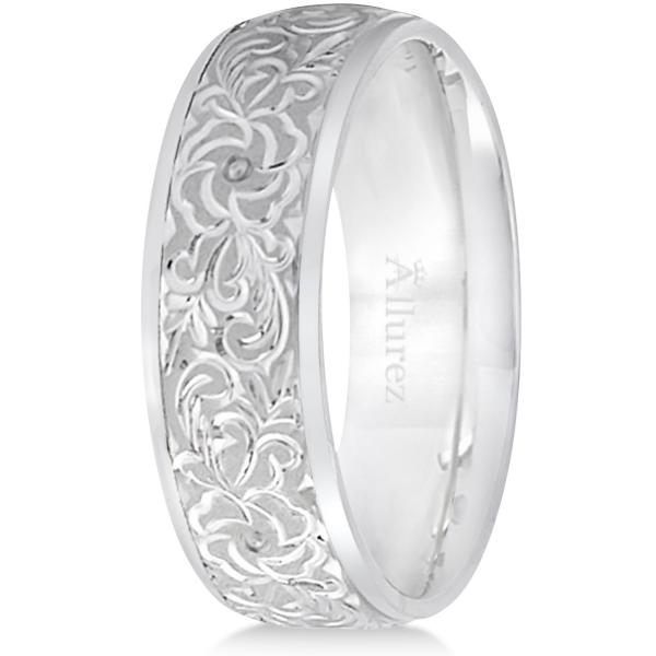 Hand-Engraved Flower Wedding Ring Wide Band Platinum (7mm)