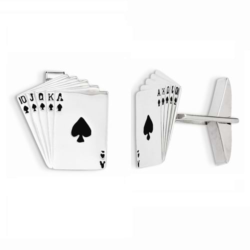 Playing Cards Royal Flush Cuff Links Plain Metal 14k White Gold