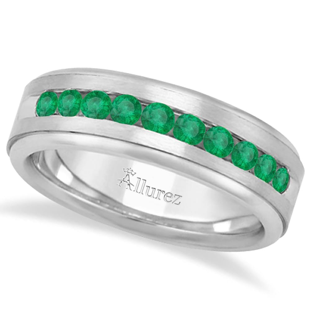 Men's Channel Set Emerald Ring Wedding Band 14k White Gold (0.25ct)
