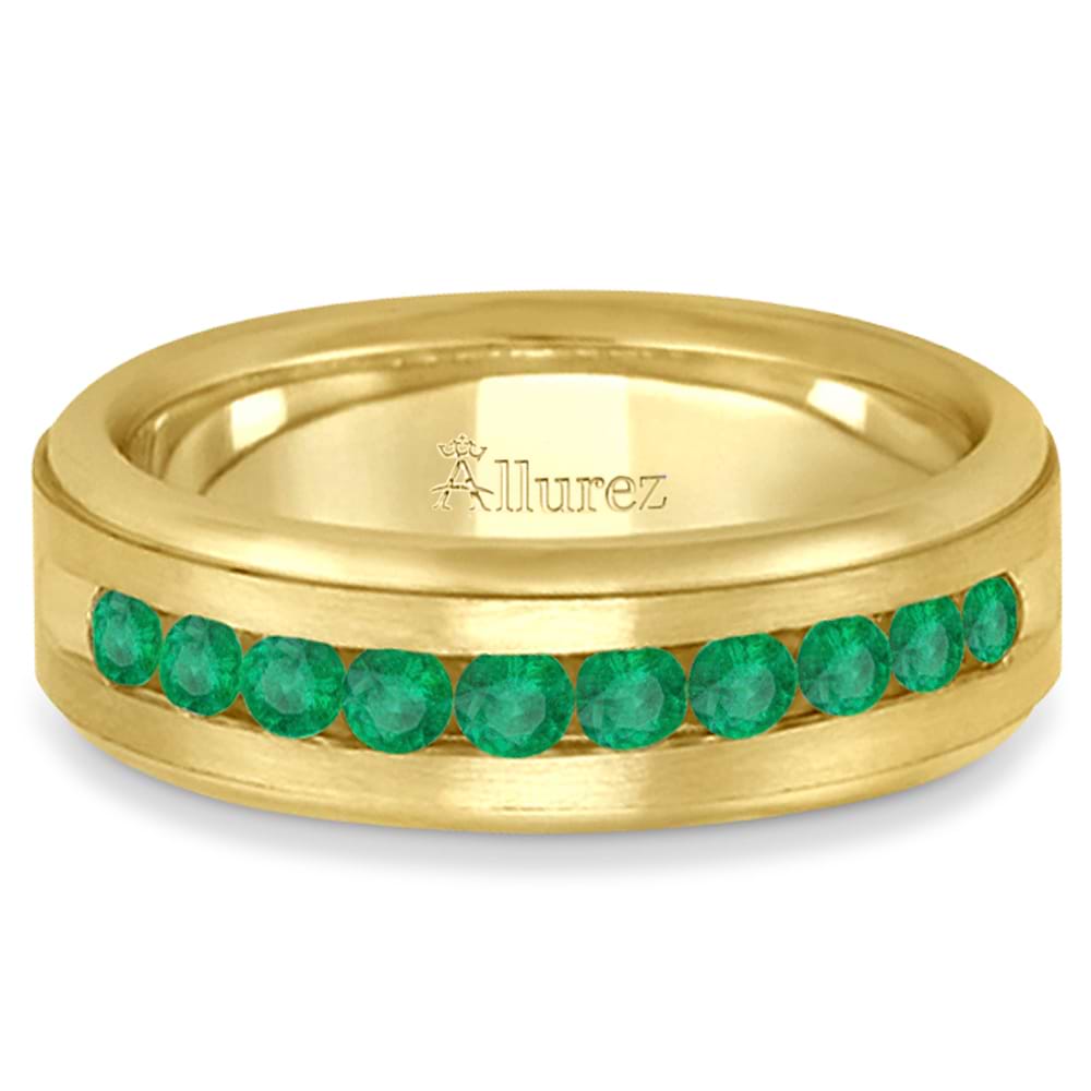 Men's Channel Set Emerald Ring Wedding Band 14k Yellow Gold (0.25ct)