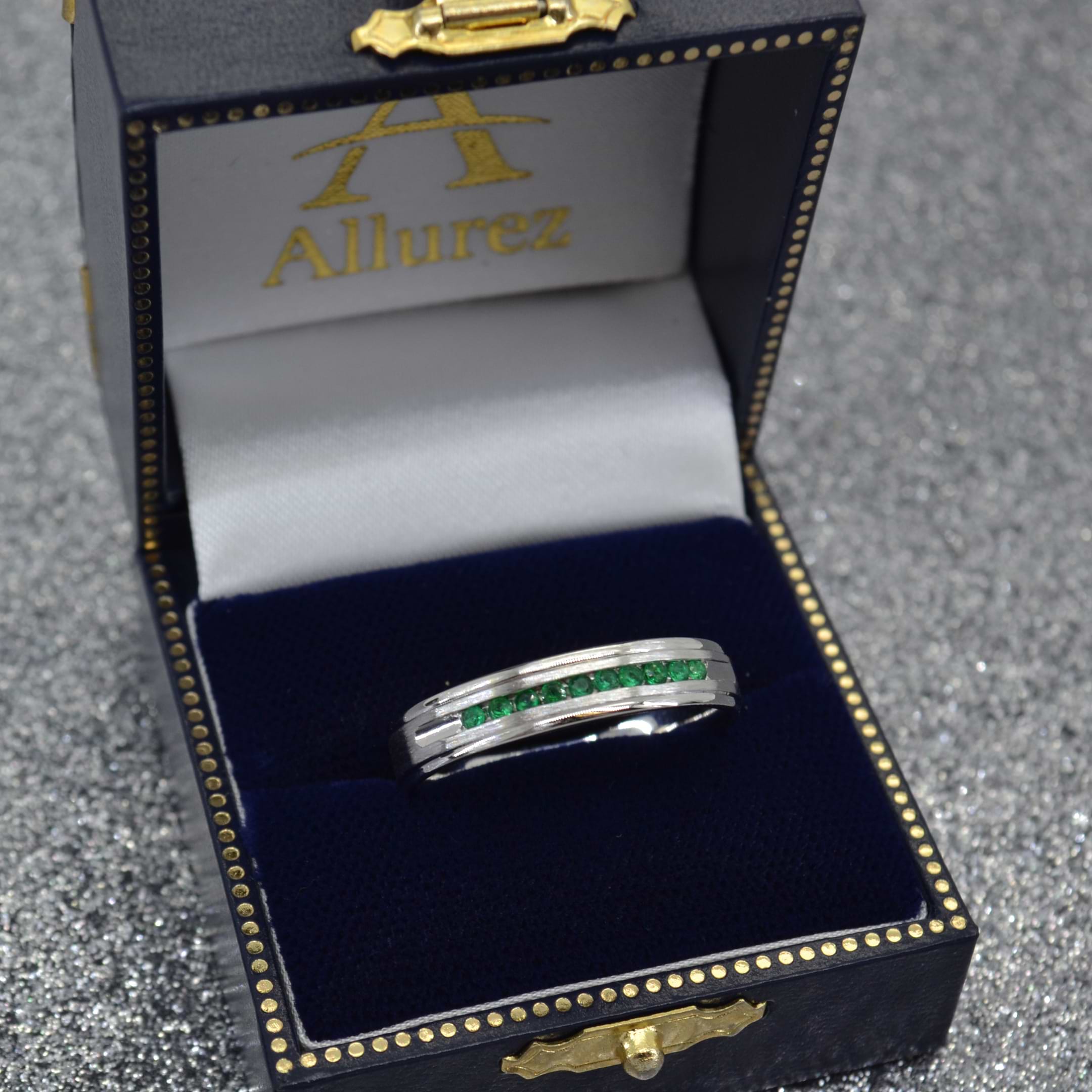 Men's Channel Set Emerald Ring Wedding Band 18k White Gold (0.25ct)