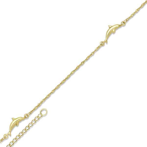 Adjustable Twist Chain Dolphin Anklet in 14k Yellow Gold