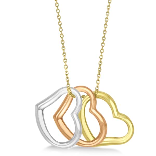 Tri Color Dangling Heart Pendant Necklace in 14k Gold