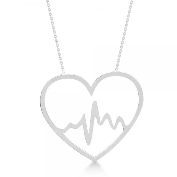 Heartbeat in Heart Pendant Chain Necklace Plain Metal 14k White Gold