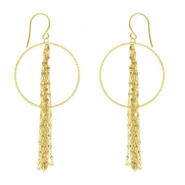 Hammered Forzentina Chain Fringe Drop Hoop Earrings 14k Yellow Gold