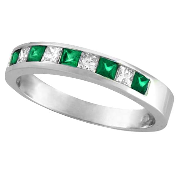 Princess-Cut Diamond & Emerald Ring Band in Palladium (0.73ct)