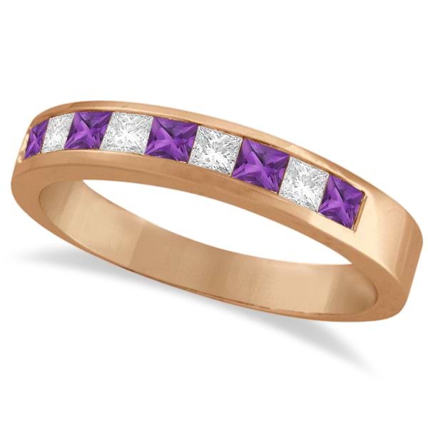 Princess Channel-Set Diamond & Amethyst Ring Band 14K Rose Gold