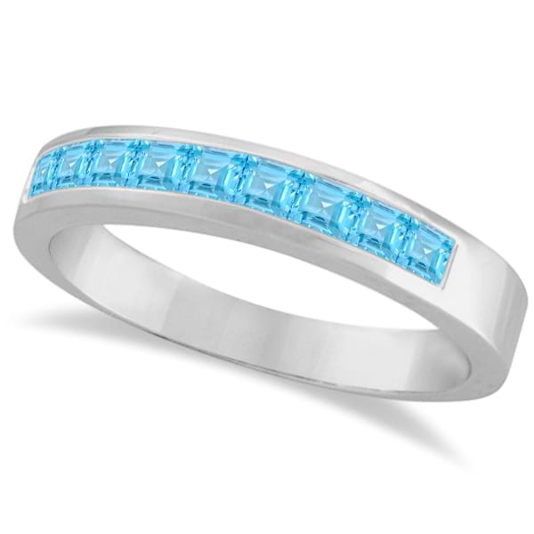 Princess-Cut Channel-Set Blue Topaz Gemstone Ring 14k White Gold 1.00ct