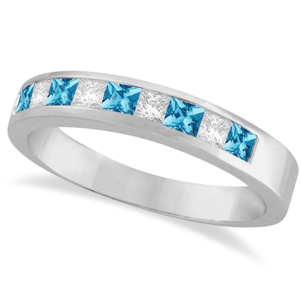 Princess Channel-Set Diamond & Blue Topaz Ring Band 14K White Gold