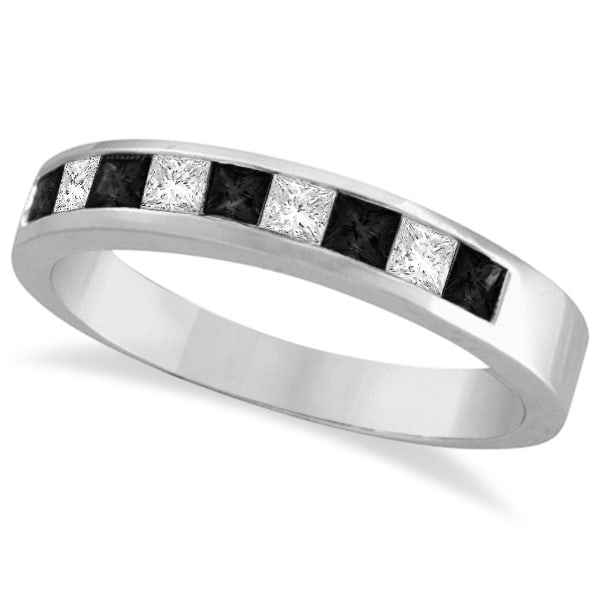 Princess-Cut Black & White Diamond Ring Band 14k White Gold (0.50ct)