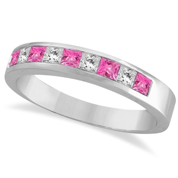Princess Channel-Set Lab Grown Diamond & Pink Sapphire Ring 14k White Gold