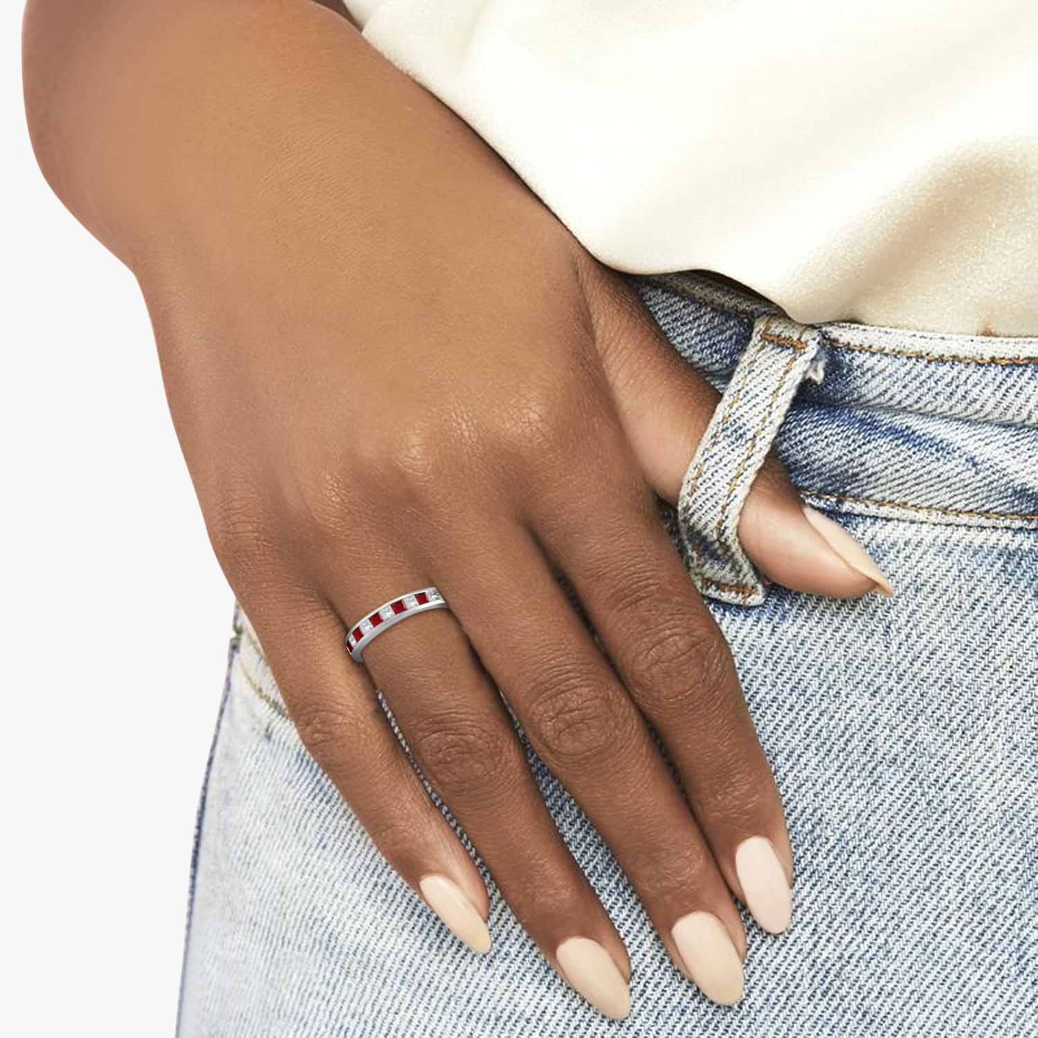 Princess-Cut Channel-Set Diamond & Ruby Ring Band 14k White Gold