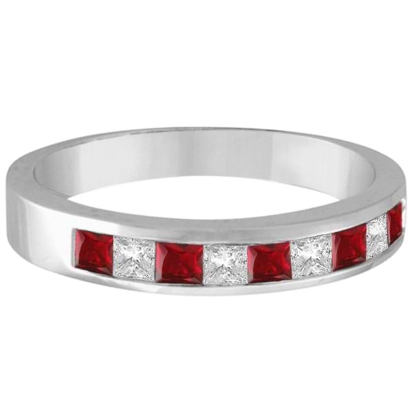 Princess-Cut Channel-Set Diamond & Ruby Ring Band 14k White Gold