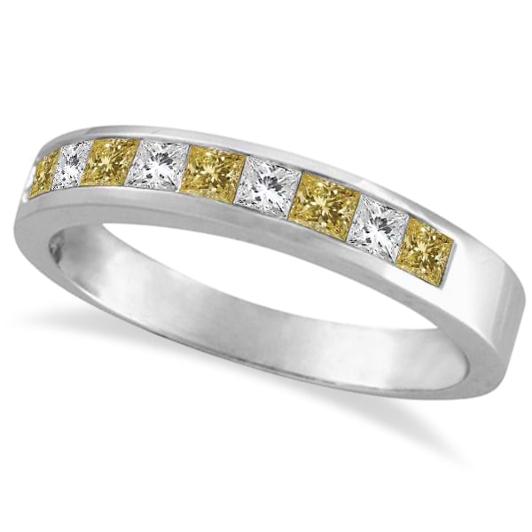 Princess-Cut Yellow Canary & White Diamond Ring Band 14k White Gold