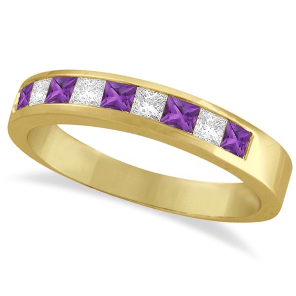 Princess Channel-Set Diamond & Amethyst Ring Band 14K Yellow Gold