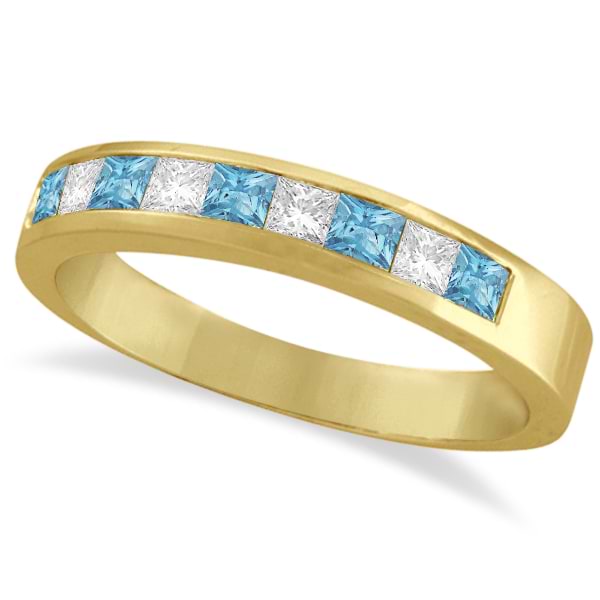 Princess Channel-Set Diamond & Aquamarine Ring Band 14K Yellow Gold
