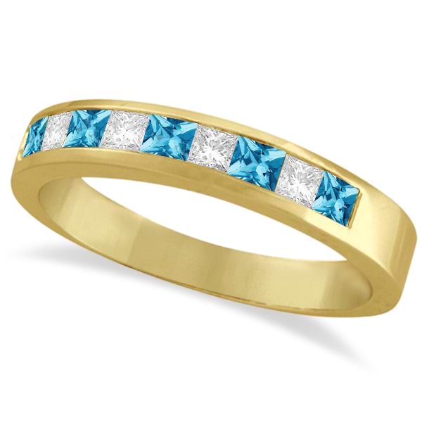 Princess Channel-Set Diamond & Blue Topaz Ring Band 14K Yellow Gold