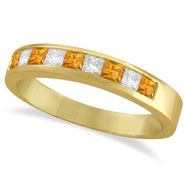 Princess Channel-Set Diamond & Citrine Ring Band 14K Yellow Gold