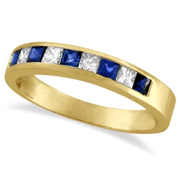 Princess-Cut Channel-Set Diamond & Sapphire Ring Band 14k Yellow Gold