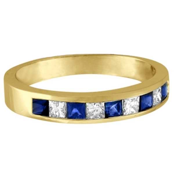 Princess-Cut Channel-Set Diamond & Sapphire Ring Band 14k Yellow Gold