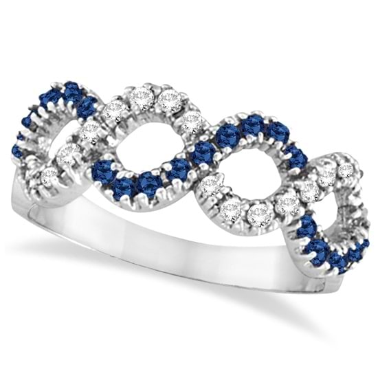Blue Sapphire & Diamond Swirl Wavy Ring 14k White Gold (0.55cttw)