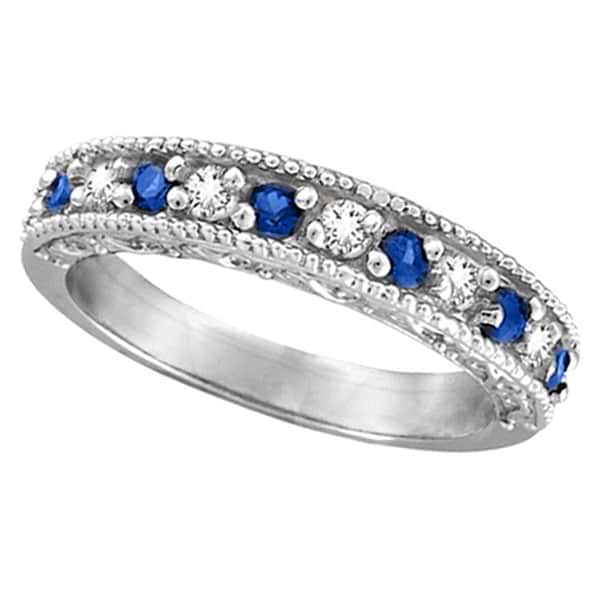 Blue Sapphire & Diamond Ring Anniversary Band 14k White Gold (0.30ct)