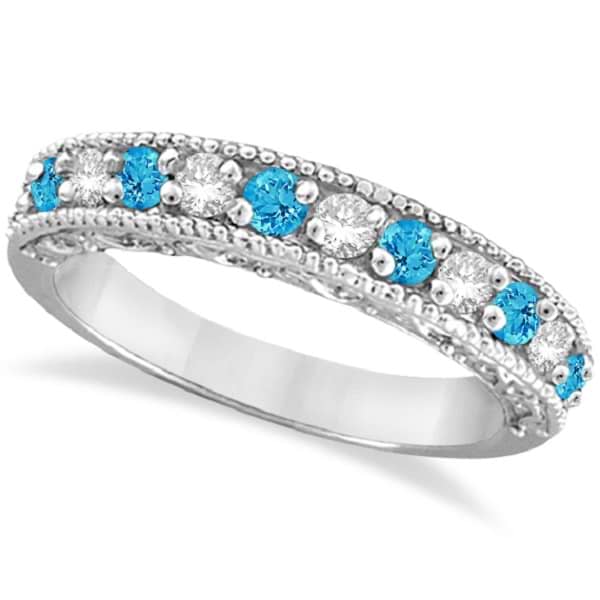 Blue Topaz & Diamond Band Filigree Ring Design 14k White Gold (0.60ct)