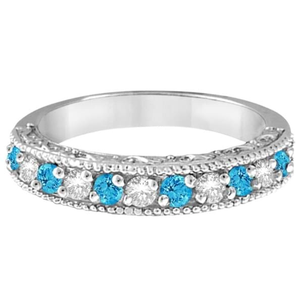 Blue Topaz & Diamond Band Filigree Ring Design 14k White Gold (0.60ct)