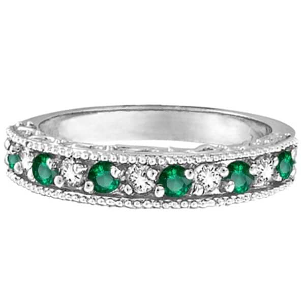 Designer Diamond and Emerald Ring Band in 14k White Gold (0.59 ctw)