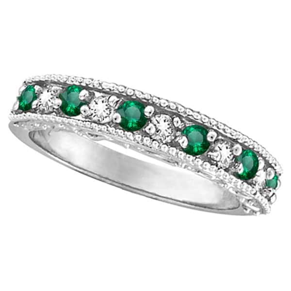 Diamond & Emerald Wedding Ring Band in 14k White Gold (0.59 ctw)